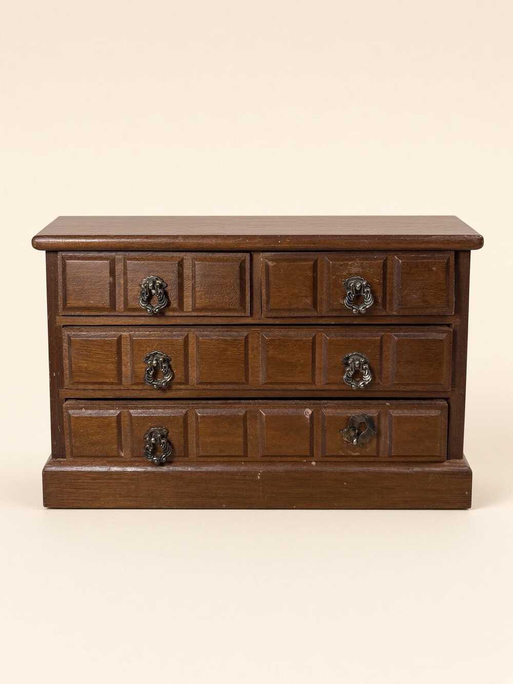 Vintage Wooden Jewelry Chest Orange Felt Lining Metal Ring Pulls Taiwan Import